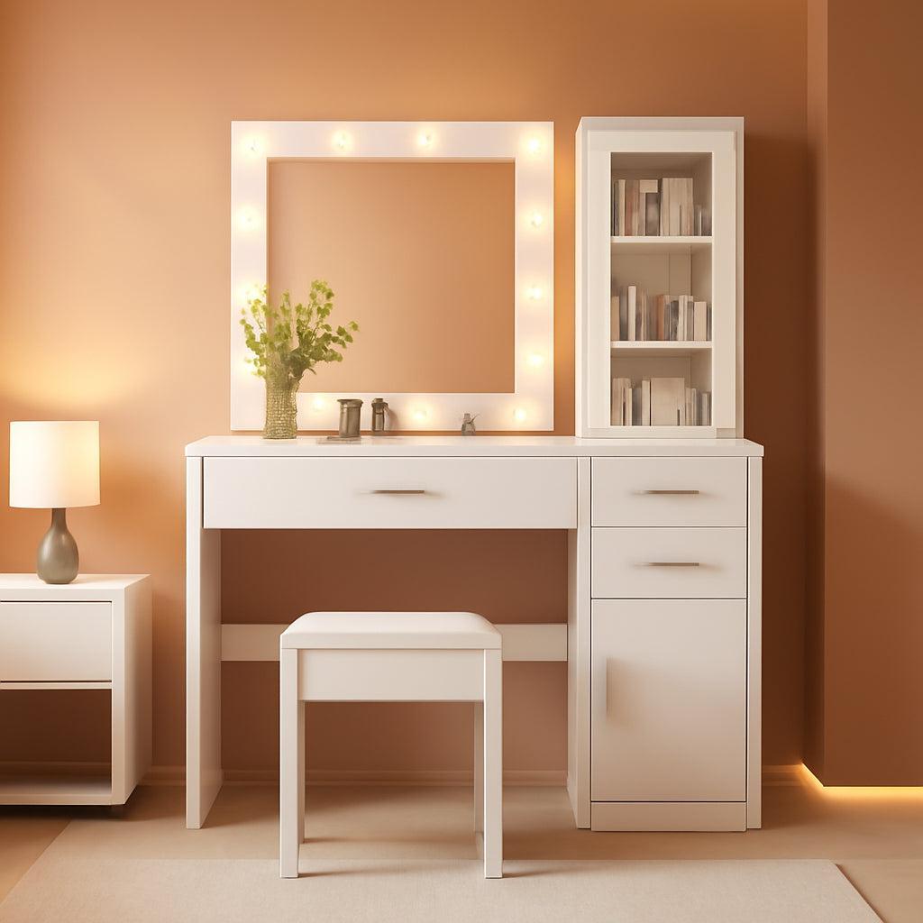 Premium Pearl White Vanity Desk With LED Lighting Options