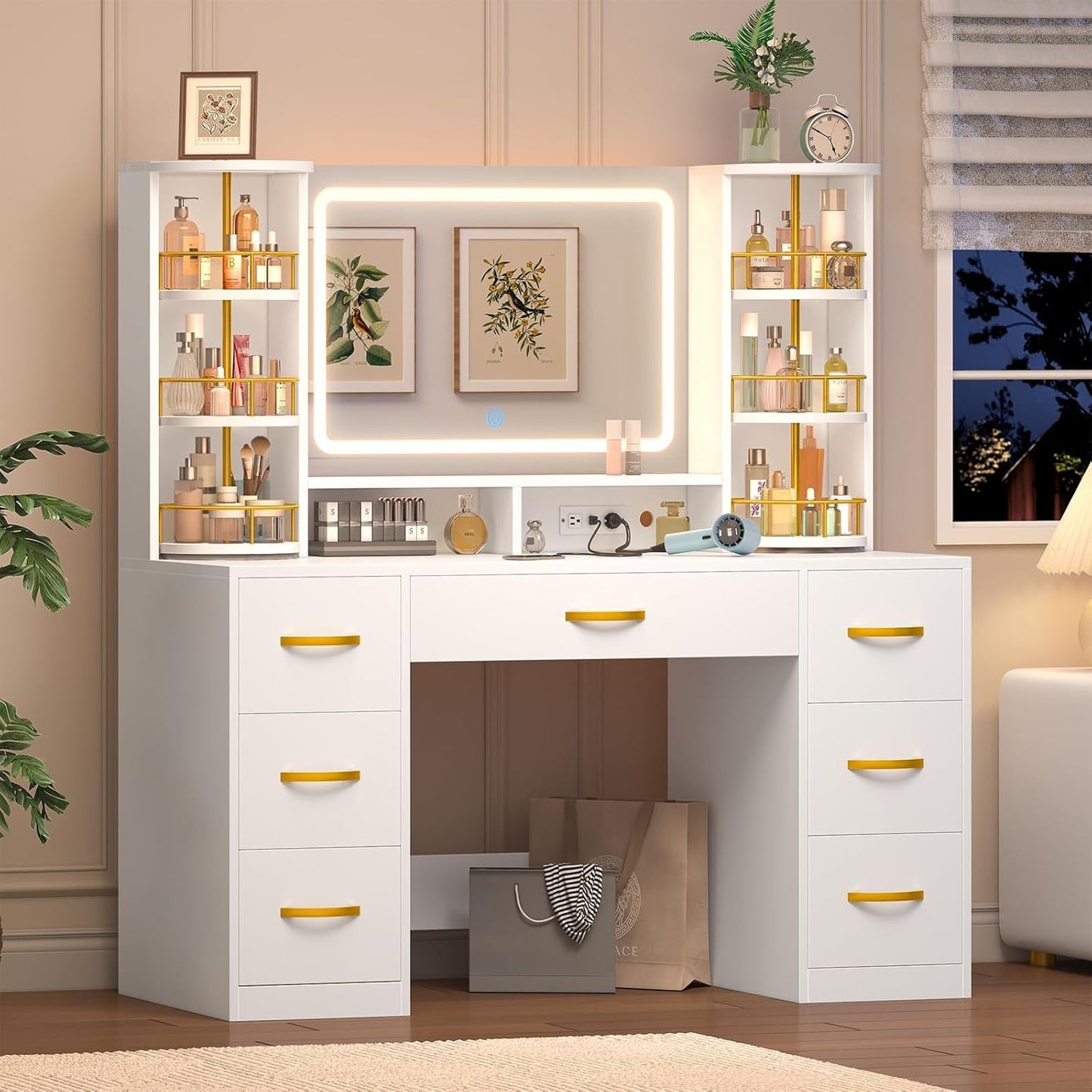 White Vanity Desk With Illuminated Rotating Shelves