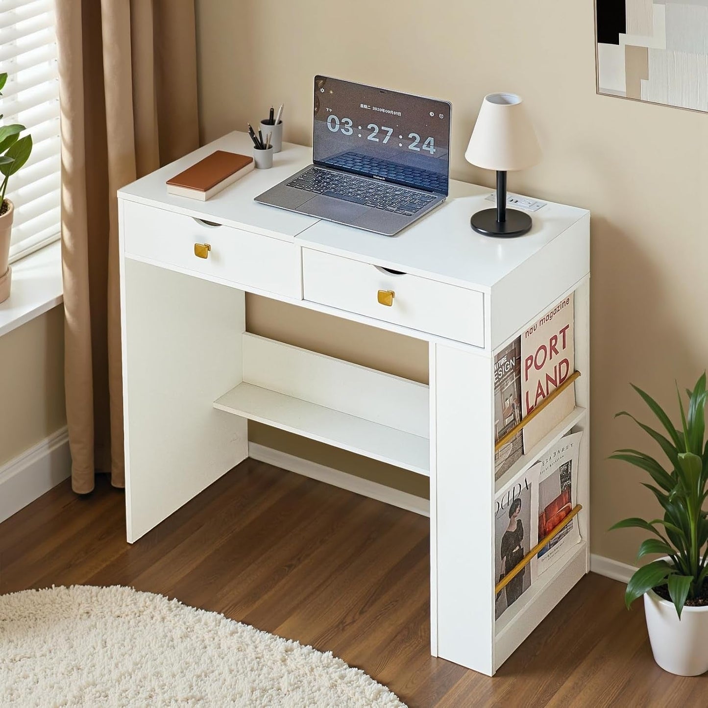 White Vanity Desk Mirror Illuminated Adjustable Storage Compartment