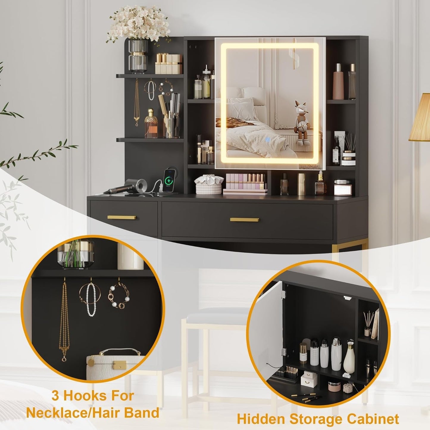 Black Vanity Desk With Mult iCompartment Mirror Lights