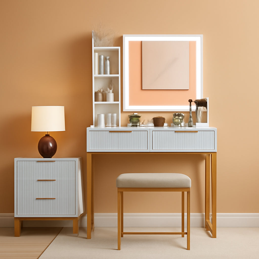 Cosmetic Vanity Desk Illuminated Mirror White Gold