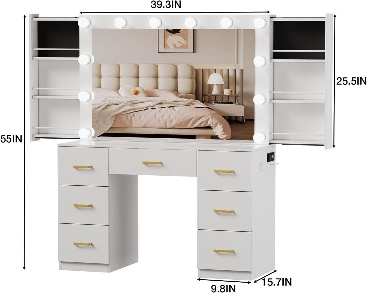 White Vanity Desk With Illuminated Mirror Adjustable