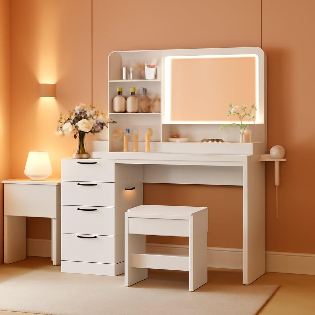 White L Shaped Vanity Desk With Builtin Illumination