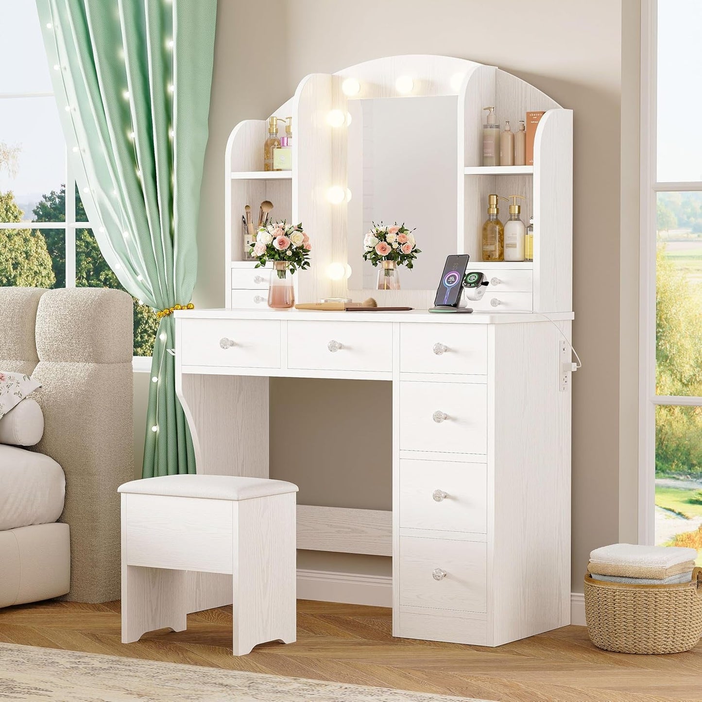 White Vanity With Dimmable LED Mirror Illumination