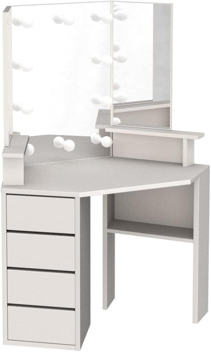 White Corner Vanity Desk 42 Inch Illuminated Mirror