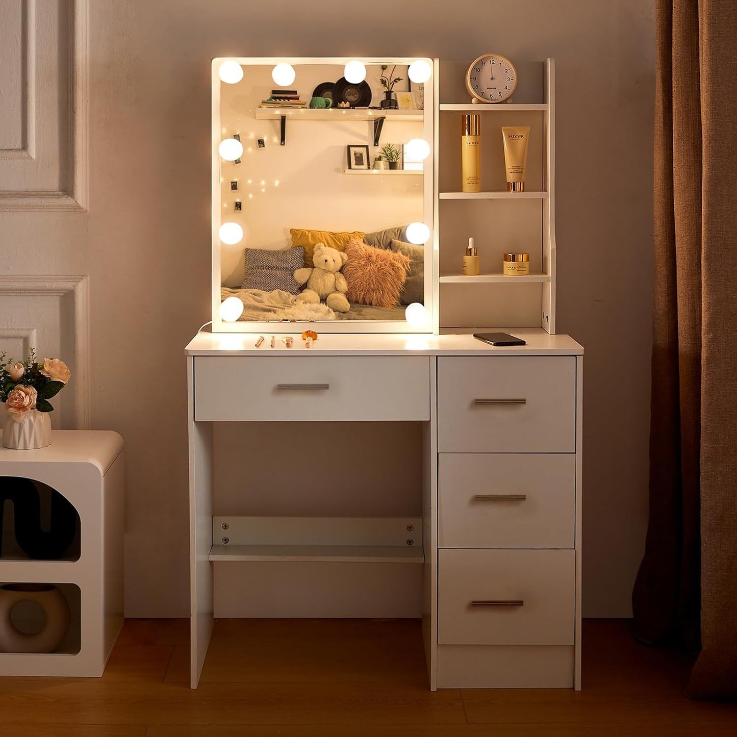 White Vanity Desk With Integrated Illuminated Mirror
