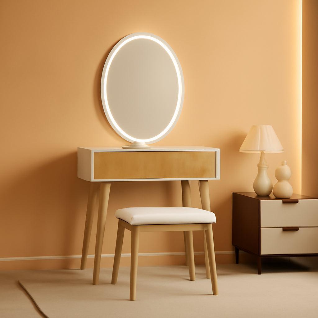 Natural Oak Vanity Desk With Illuminated Makeup Mirror