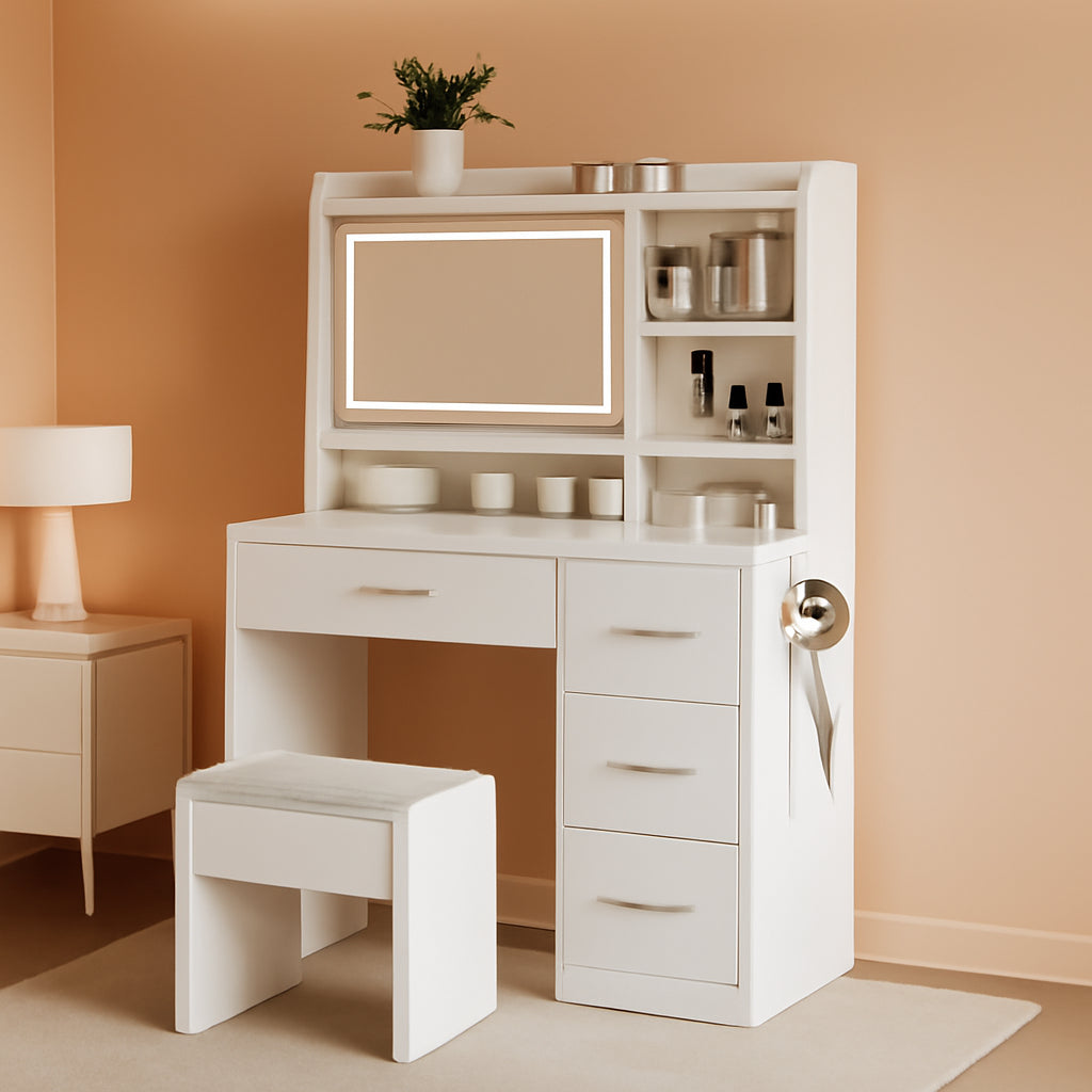 White Vanity Desk With Illuminated Mirror Lighting