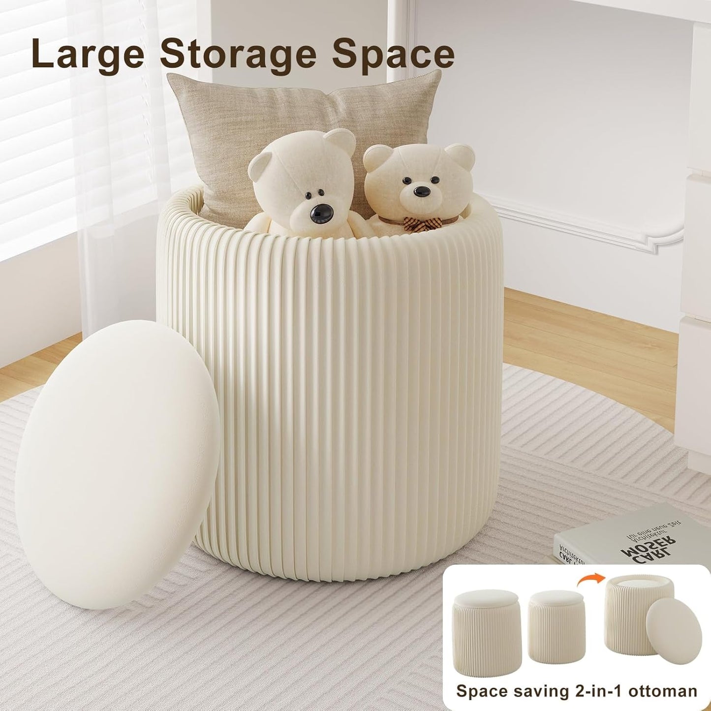 White Velvet Upholstered Storage Ottoman Vanity Set