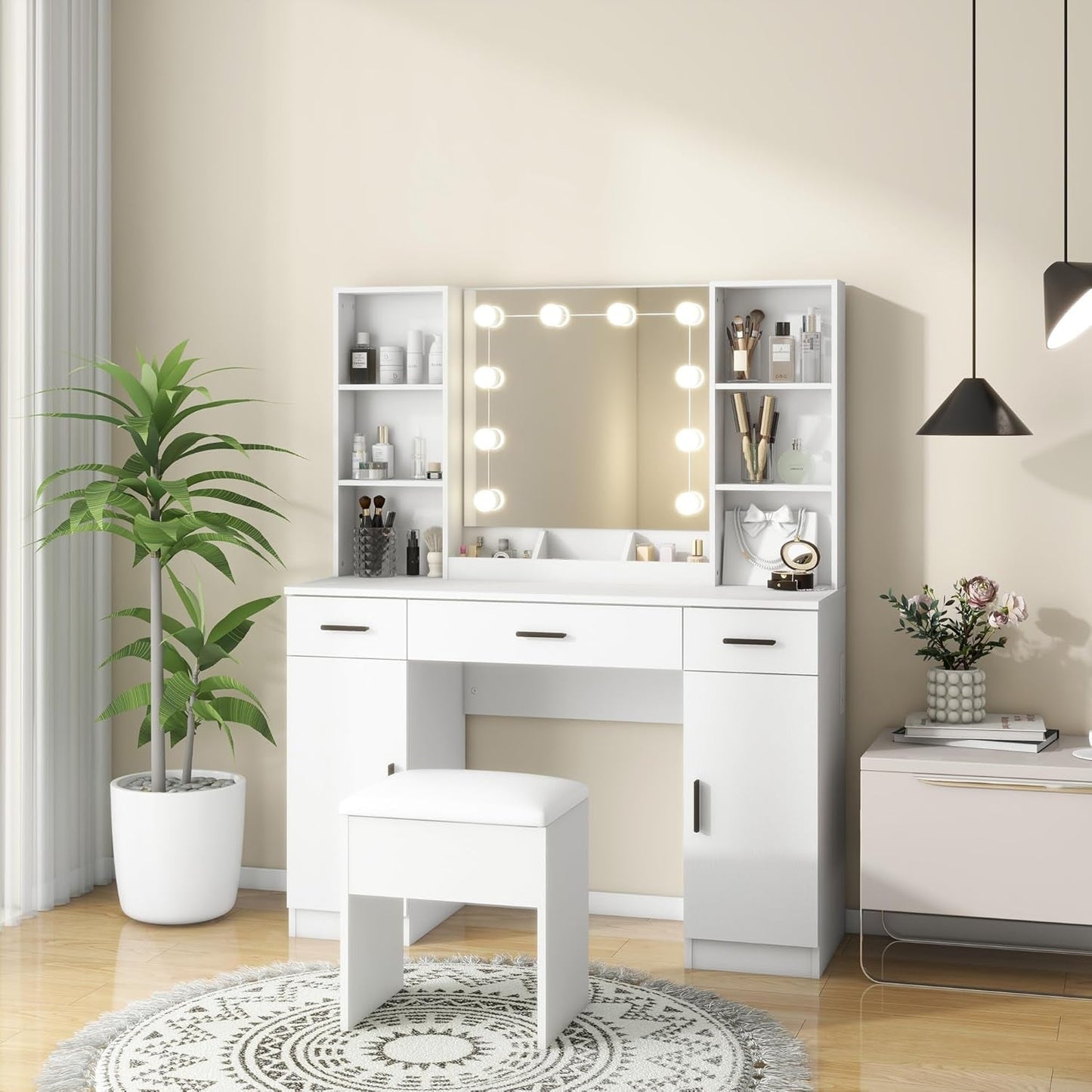 White Vanity Desk With Premium LED Lighting Storage