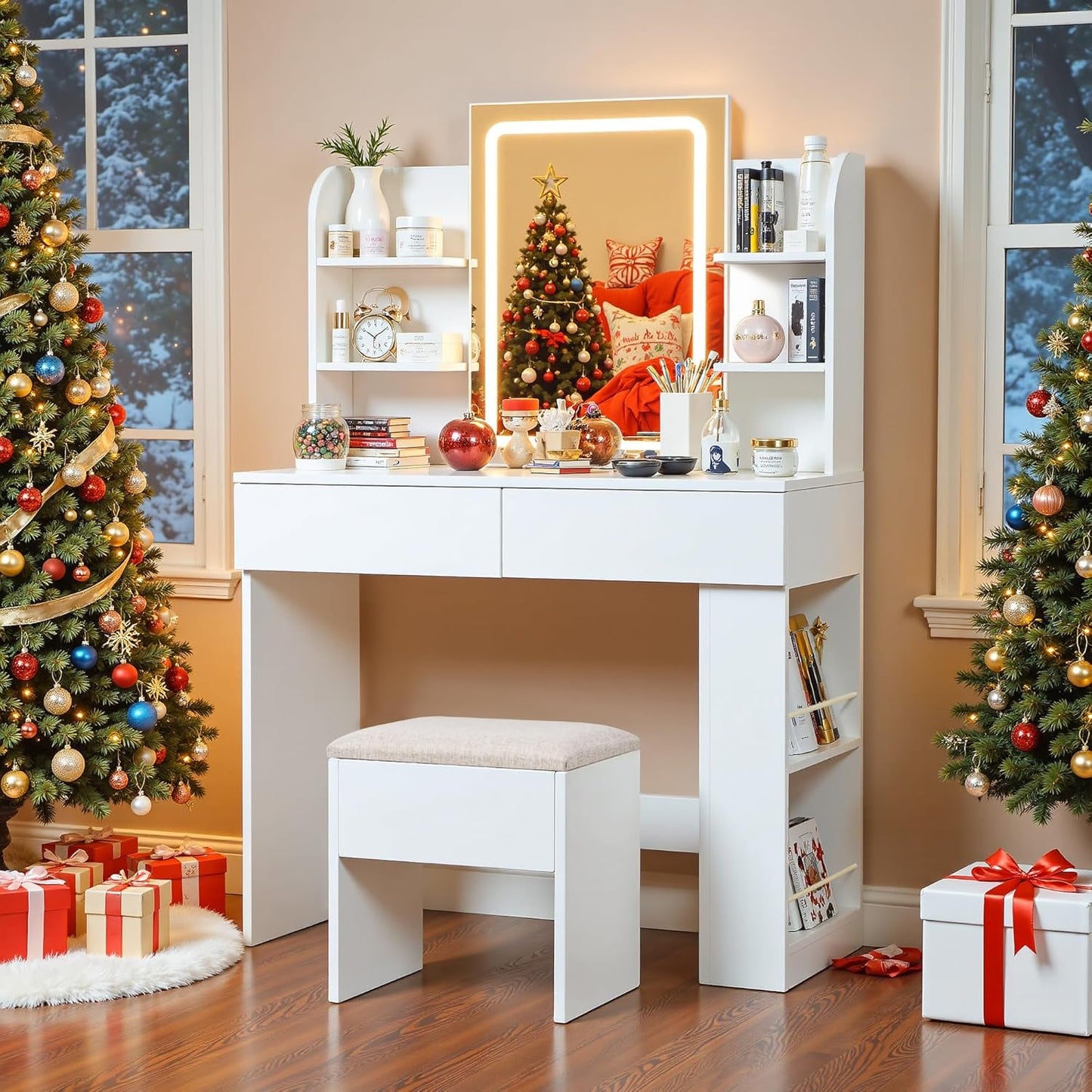 Executive White Vanity Desk Multicolored LED Mirror