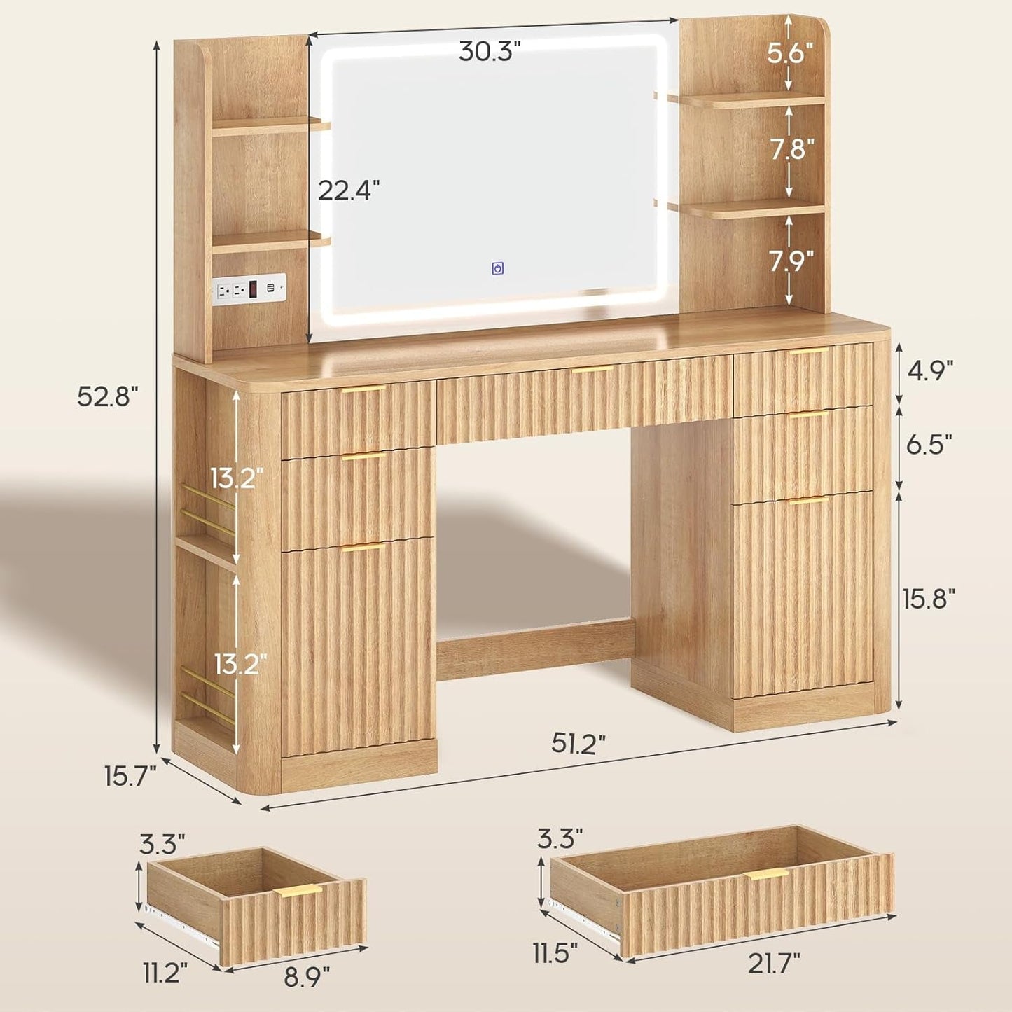 51 Inch Wide Fluted SolidWood Vanity Desk LED Mirror