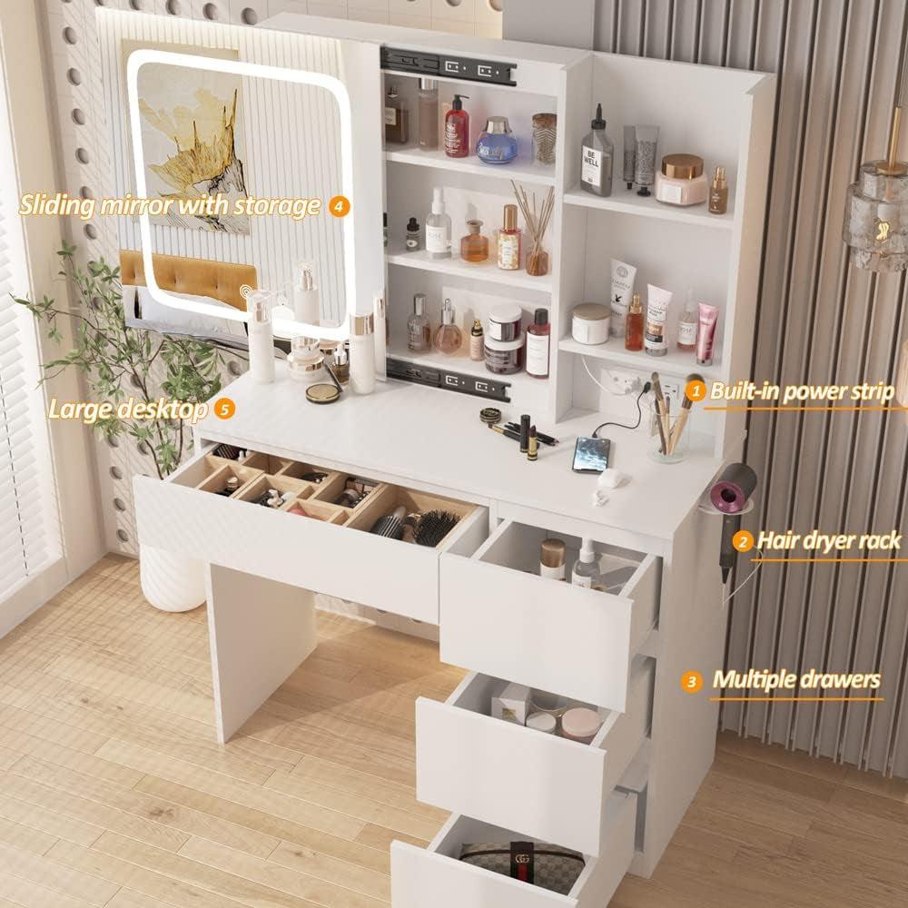 37-Inch White Cosmetic Vanity Desk Charging Station
