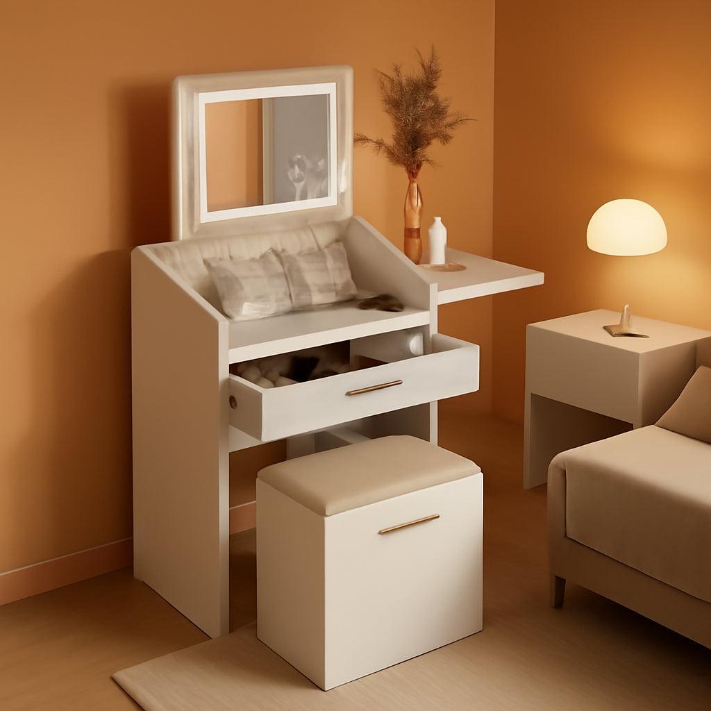 Crisp White Compact Vanity Desk Illuminated Mirror