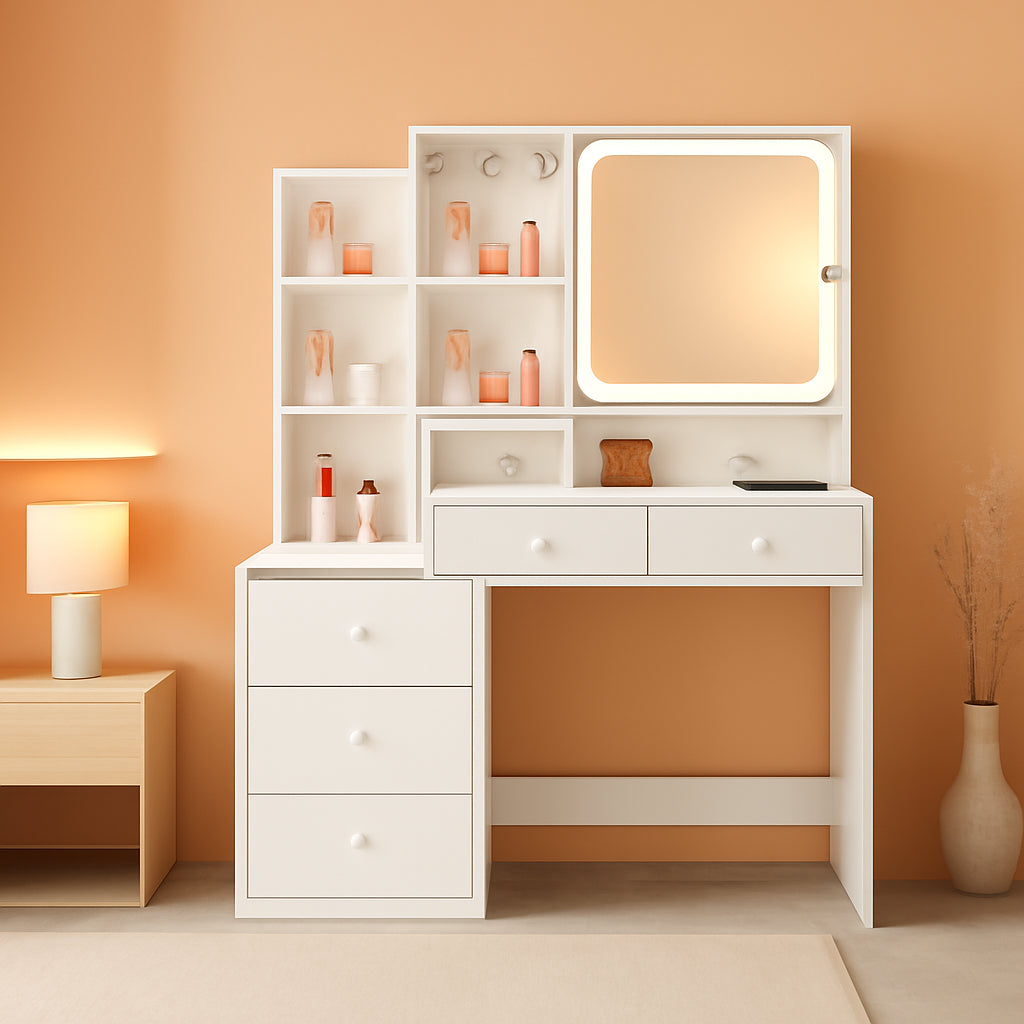 White Makeup Vanity Desk With Power Outlet Led Mirror