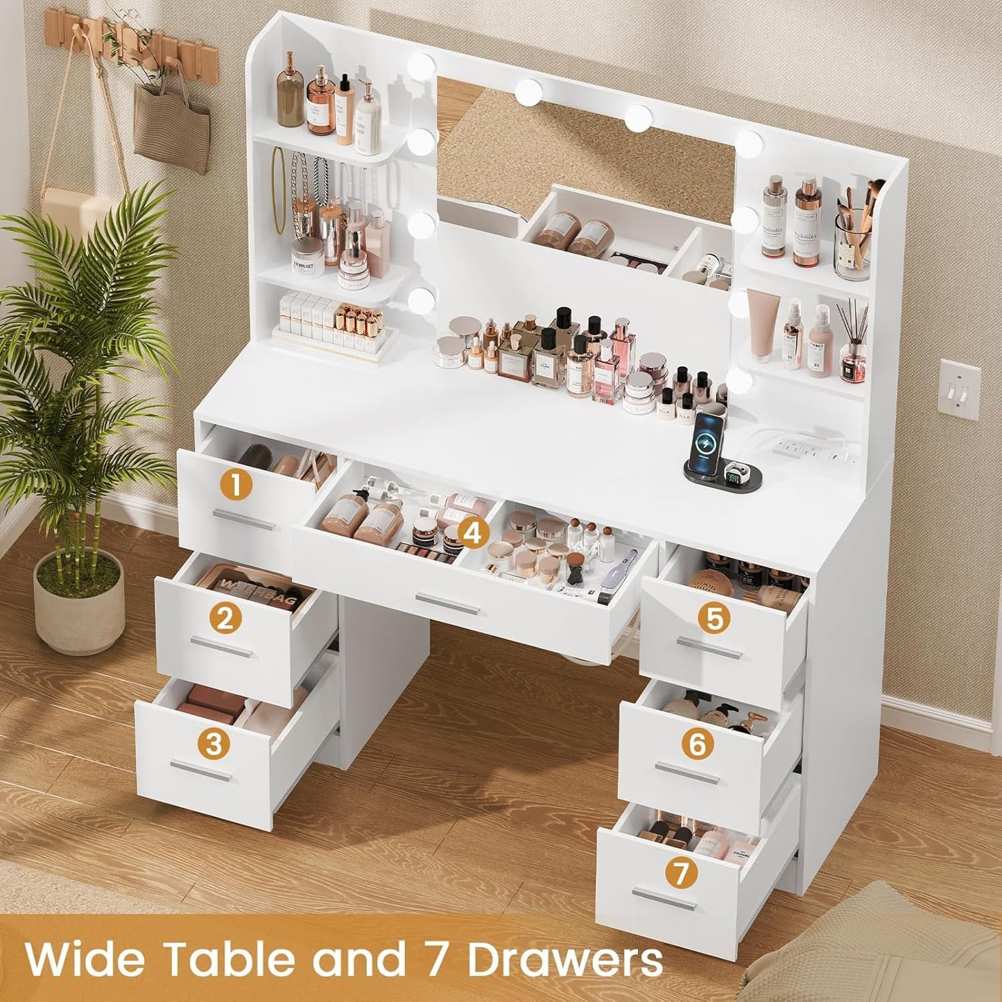 White Vanity Desk With Integrated LED Mirror Outlet