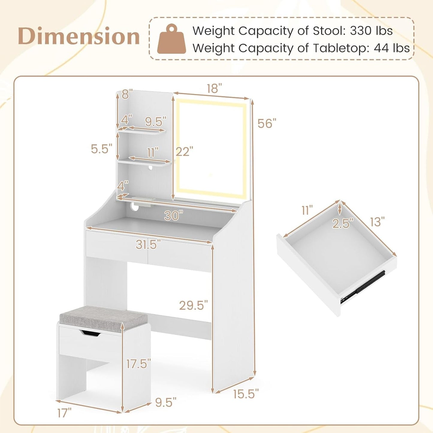 White Vanity Desk With LED Illuminated Mirror Pro Series