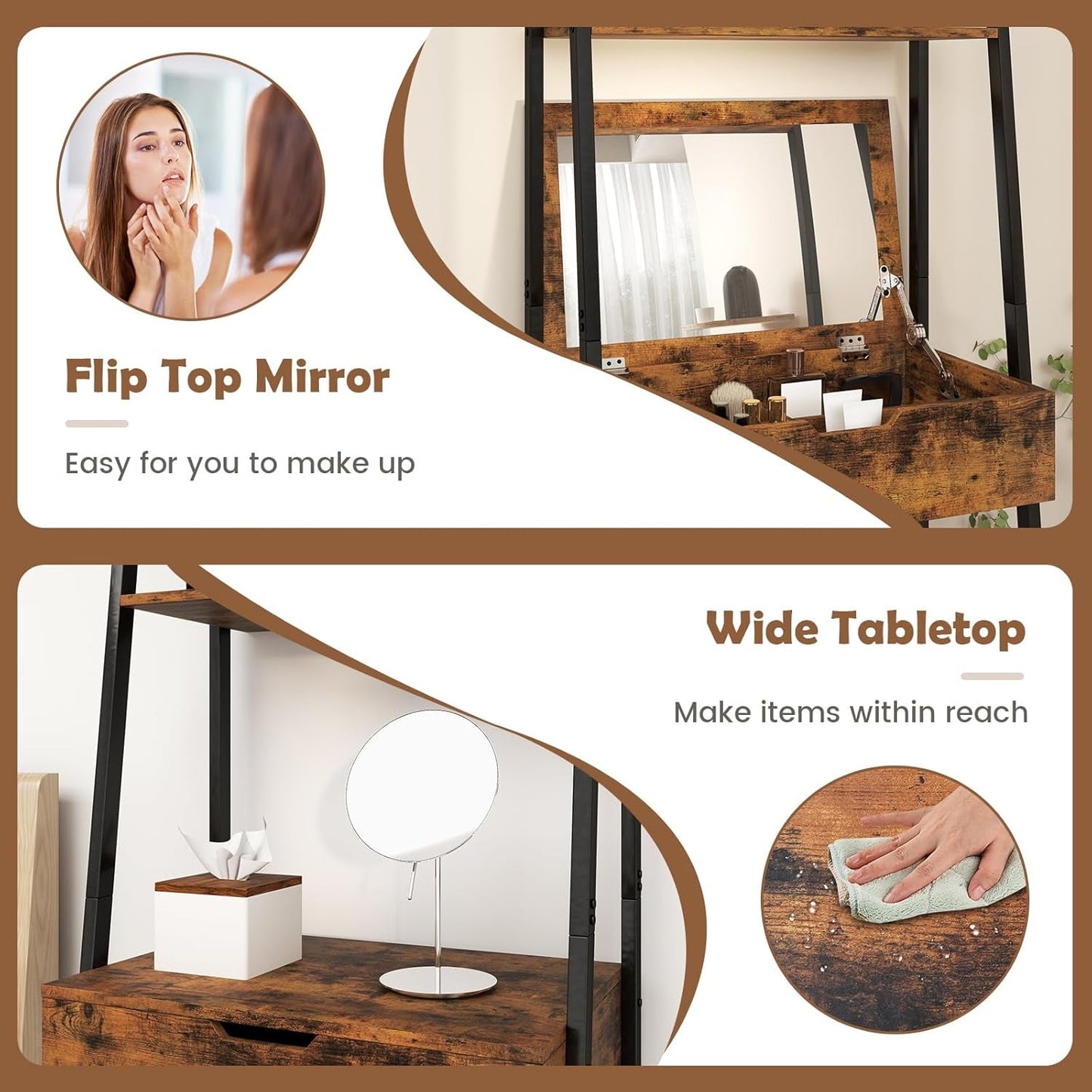 Ladder Vanity Desk Two Tone Flippable Mirror Modern