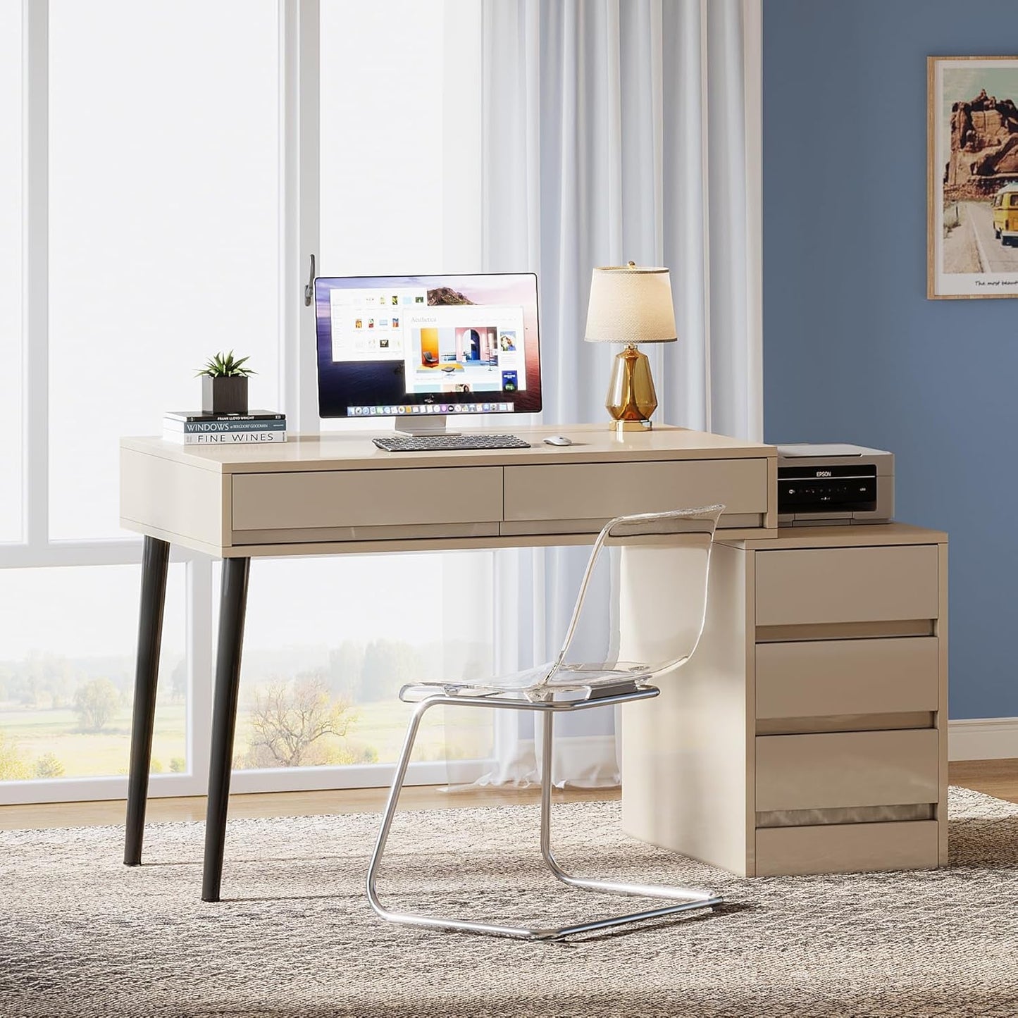 Glossy Beige Vanity Desk With Reversible FiveDrawers