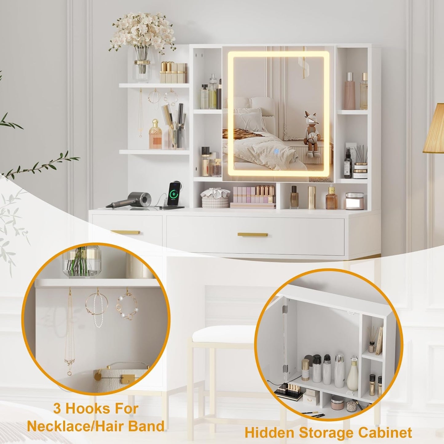 White Makeup Vanity Desk With Integrated LED Lighting
