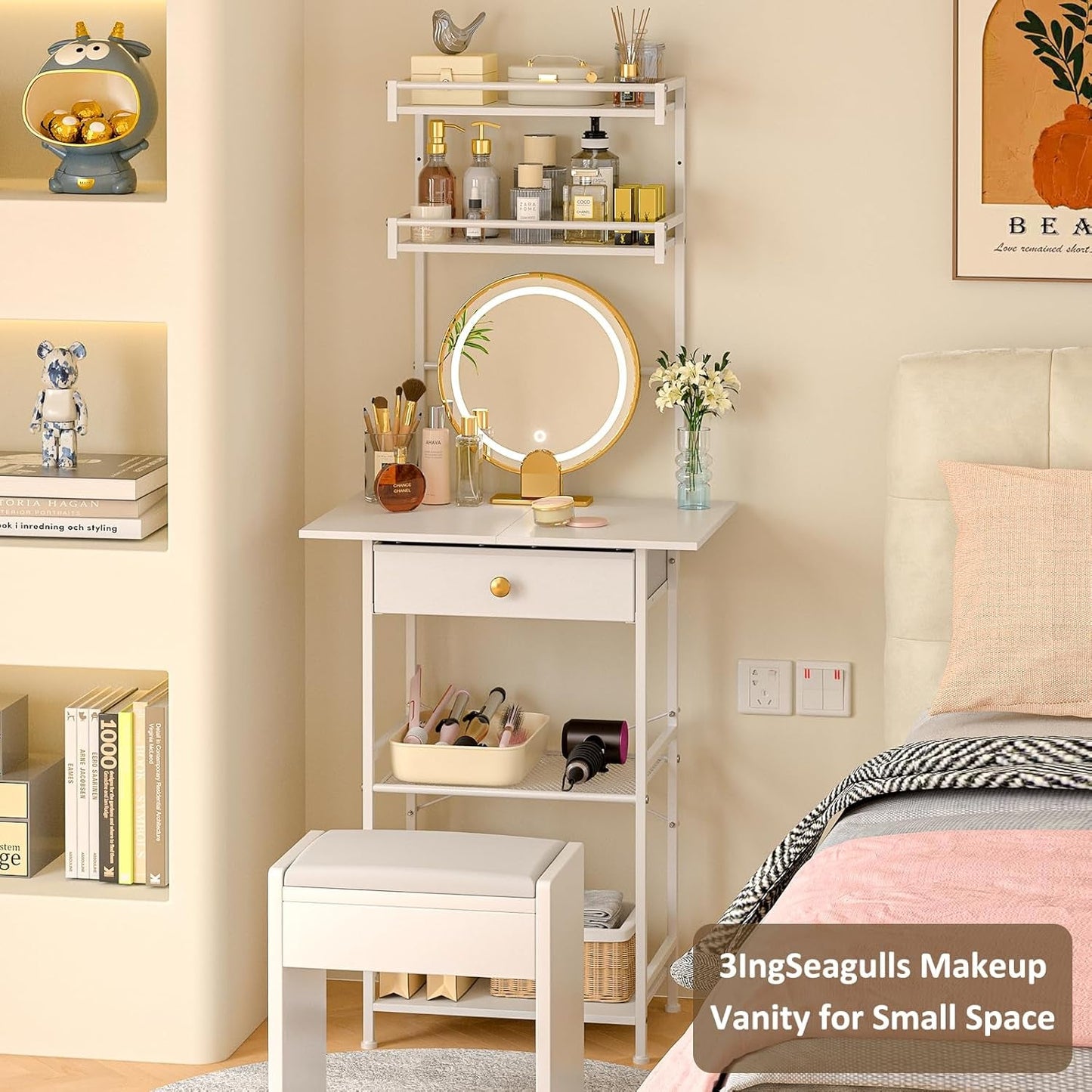 White Ultra Compact Vanity Desk With Generous Storage