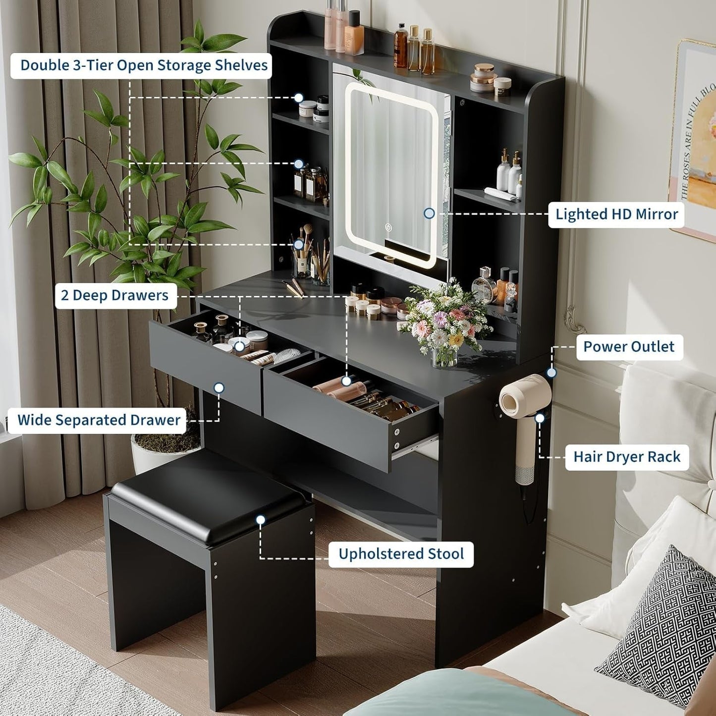 Vanity Desk With 90cm Mirror Three Color LED Lights USB Charging Ports