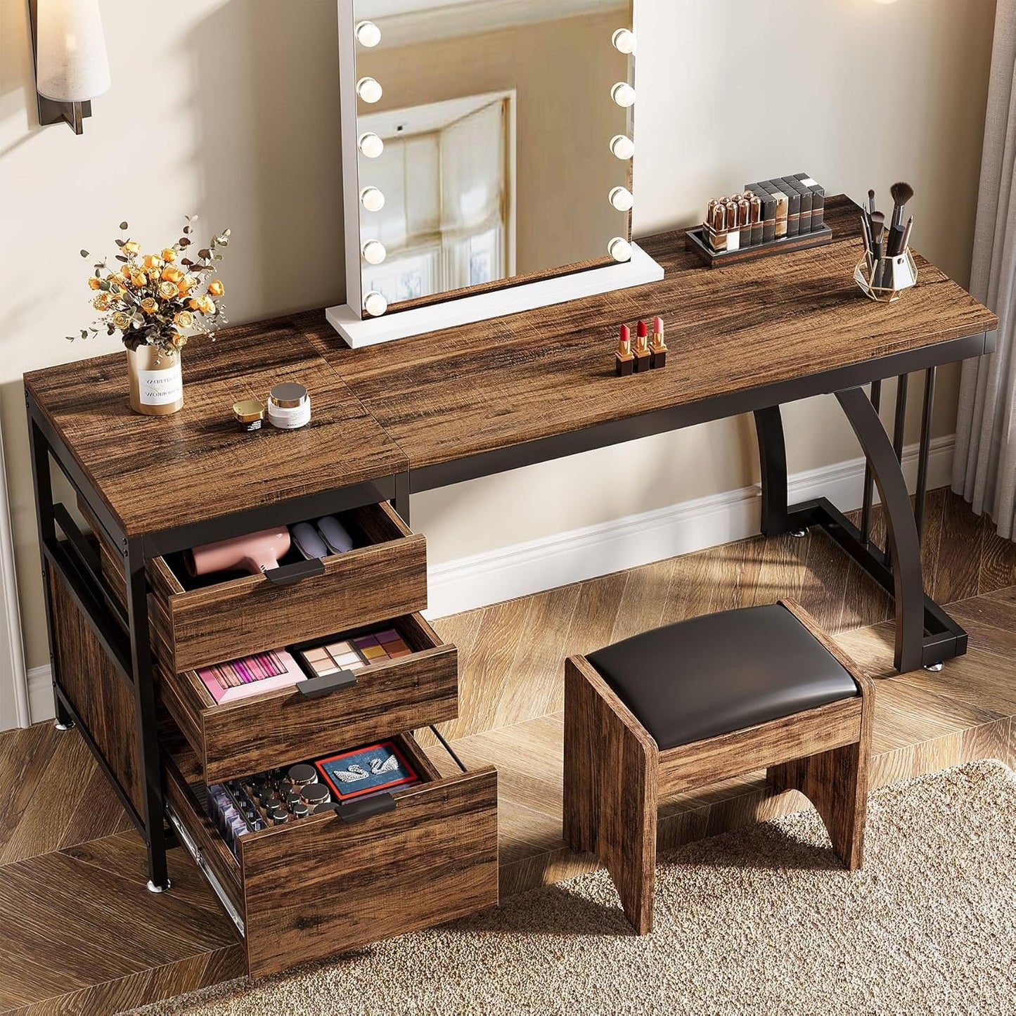 59-Inch Vanity Desk Reversible Drawers Rustic Brown