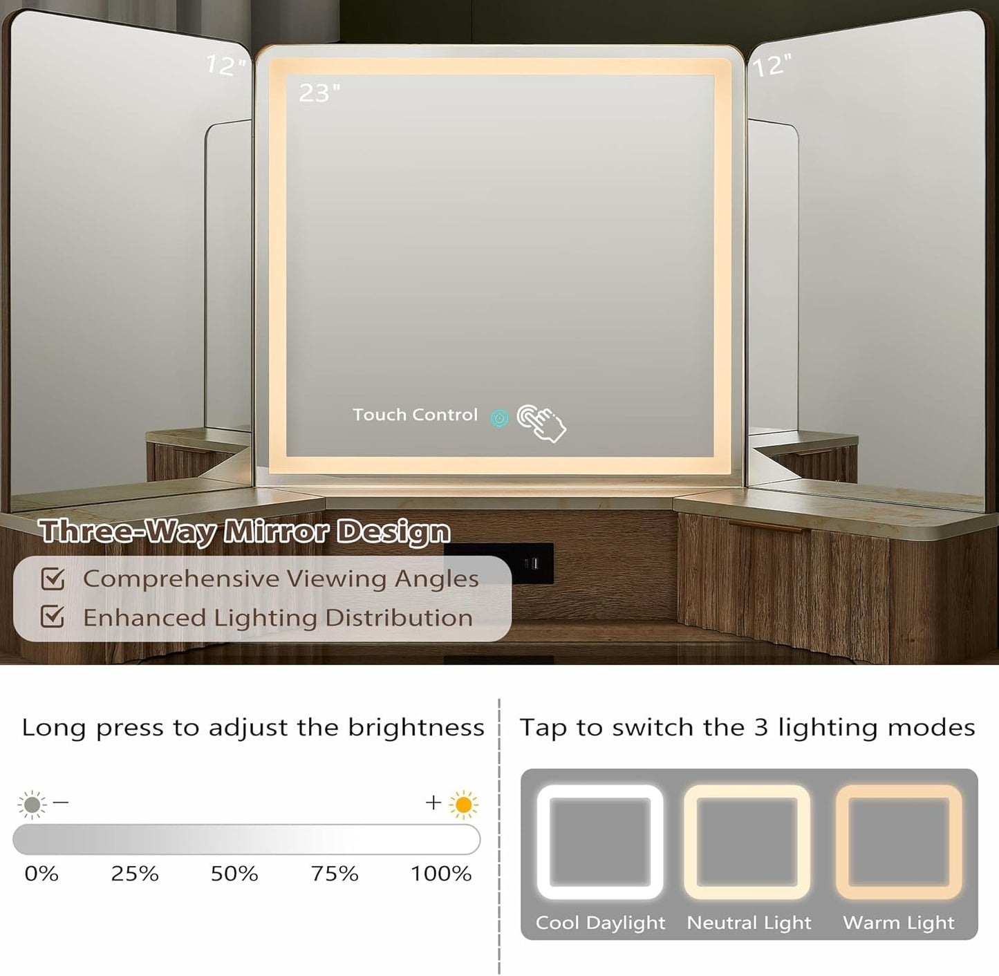 Natural Oak Forty Eight Inch Makeup Vanity Desk Three Way Mirror With Lights
