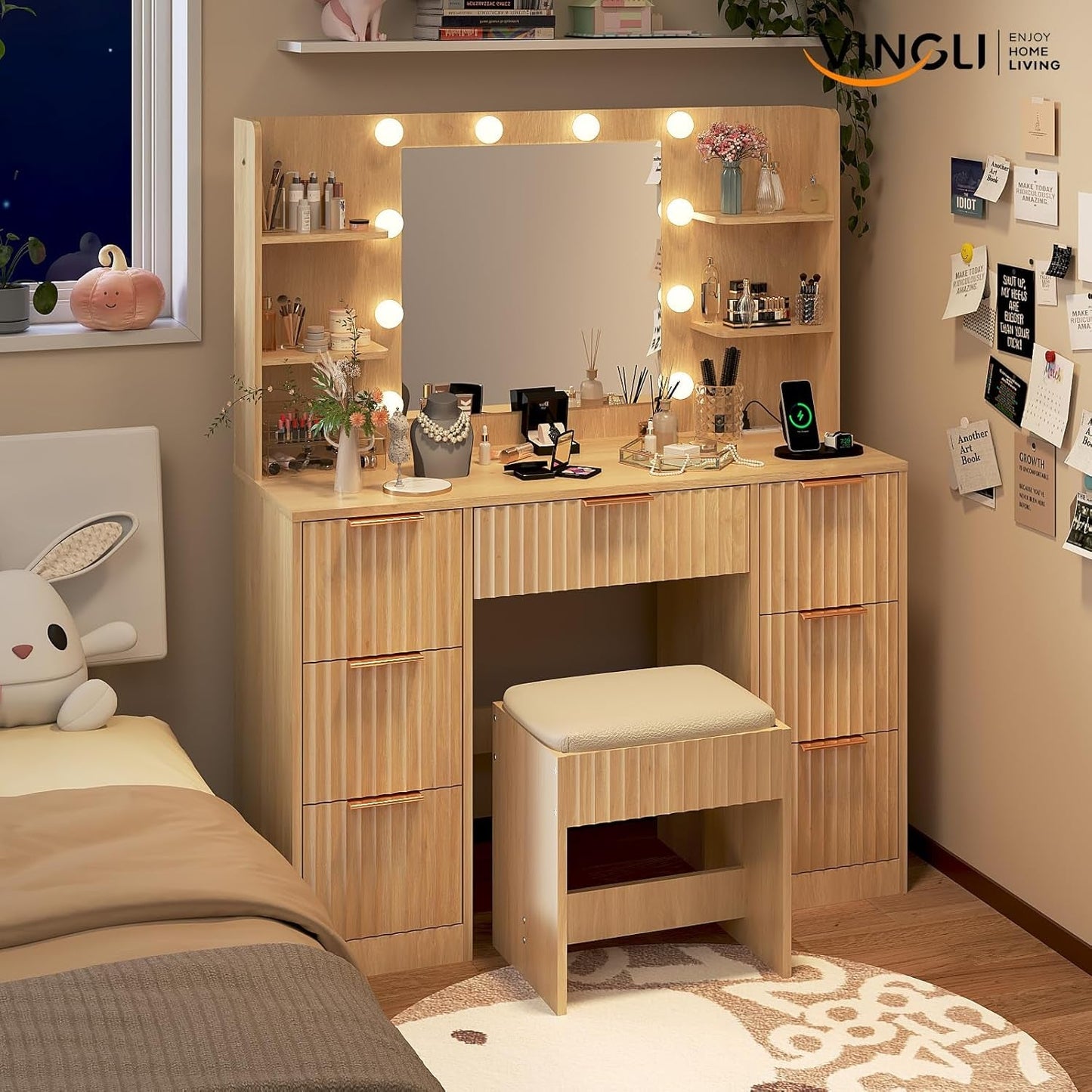 Espresso Oak Fluted Vanity Desk With Integrated Outlet