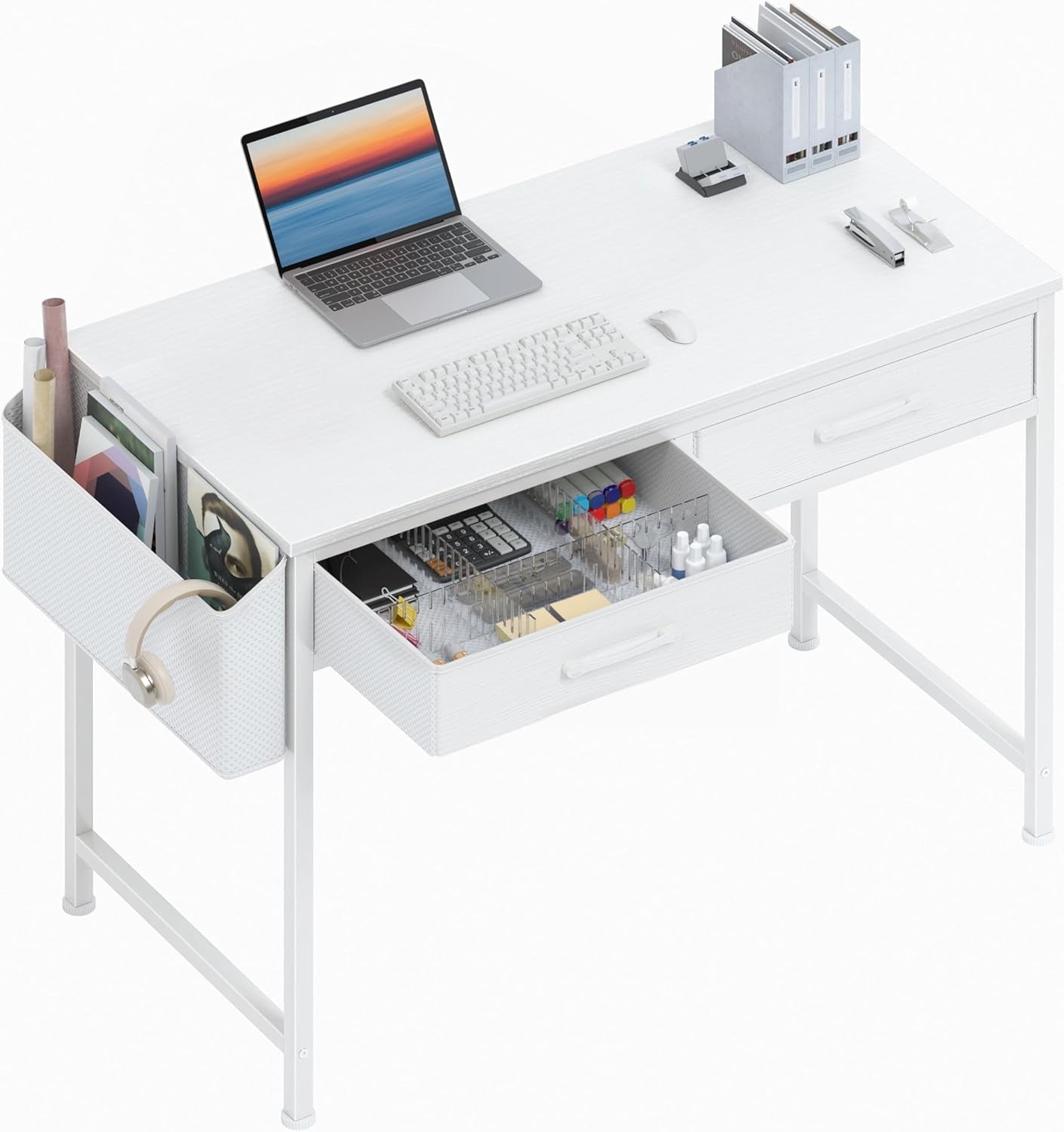 White Thirty Two Inch Vanity Desk With Fabric Drawers Storage