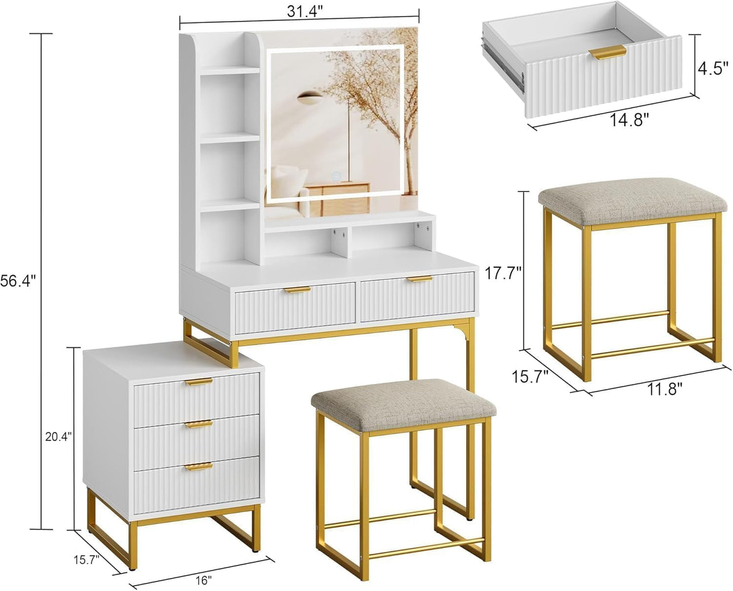 Cosmetic Vanity Desk Illuminated Mirror White Gold