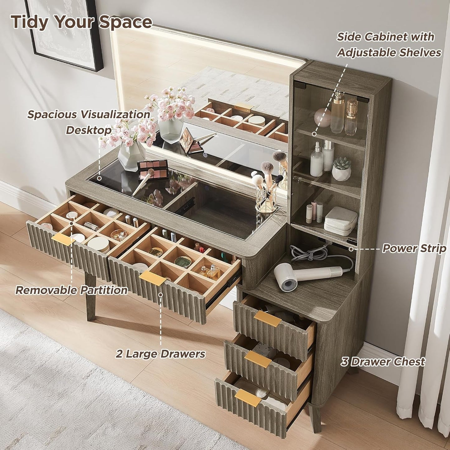 48 Inch Fluted Vanity Desk Large Mirror Panel LED With Adjustable Brightness