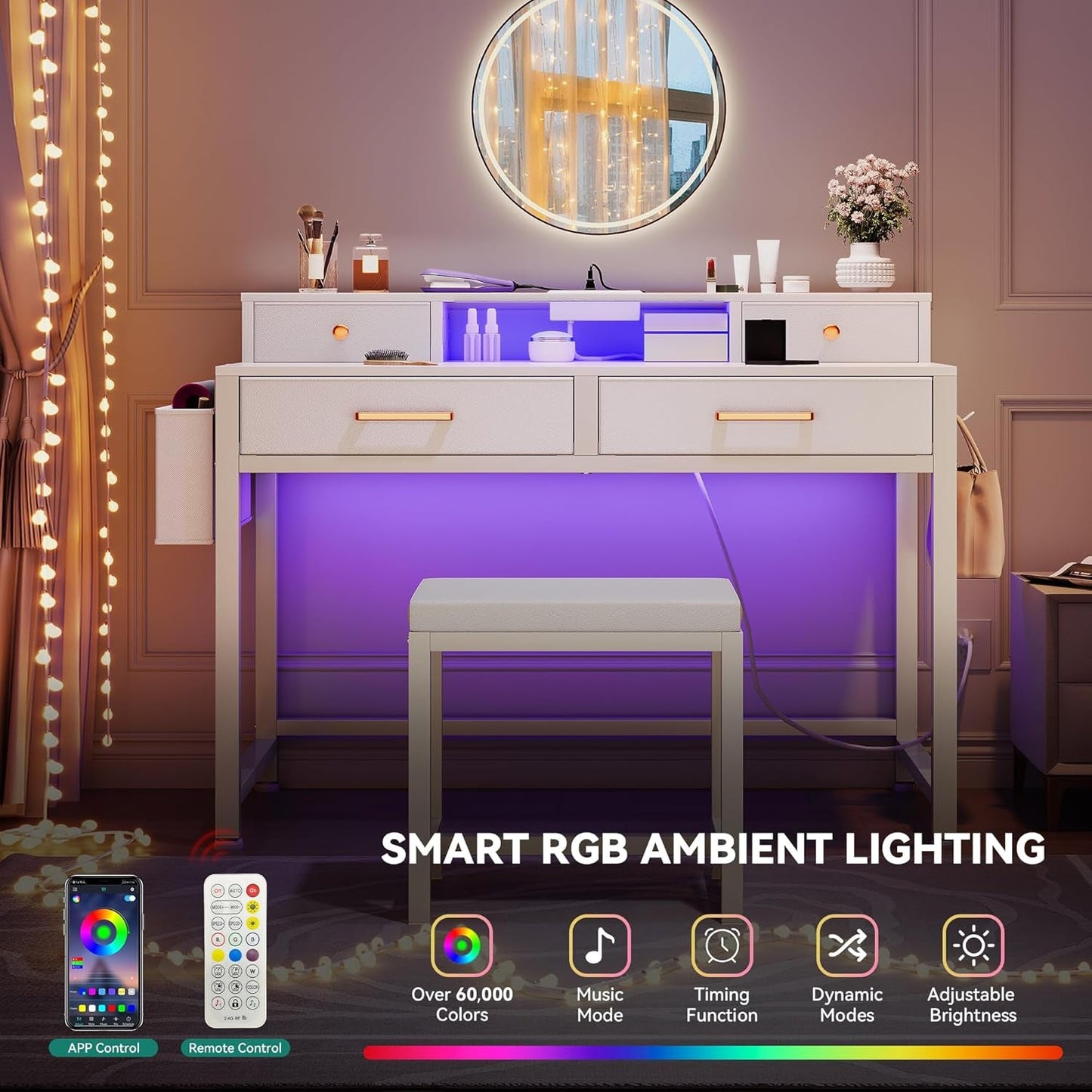 Vanity Desk With Four Drawers And Lighting USB Charging Port