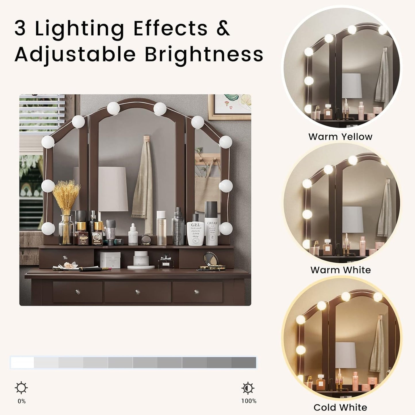 Espresso Vanity Desk With Adjustable Lighting Mirror