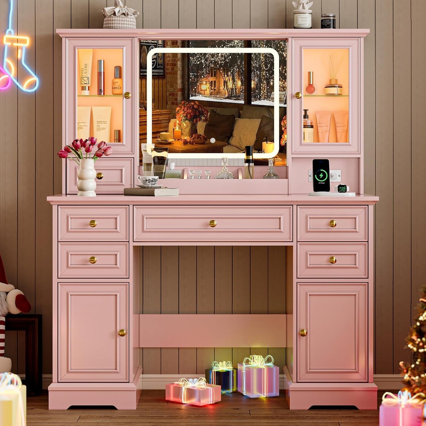 Pink Vanity Desk With Premium LED Illuminated Mirror