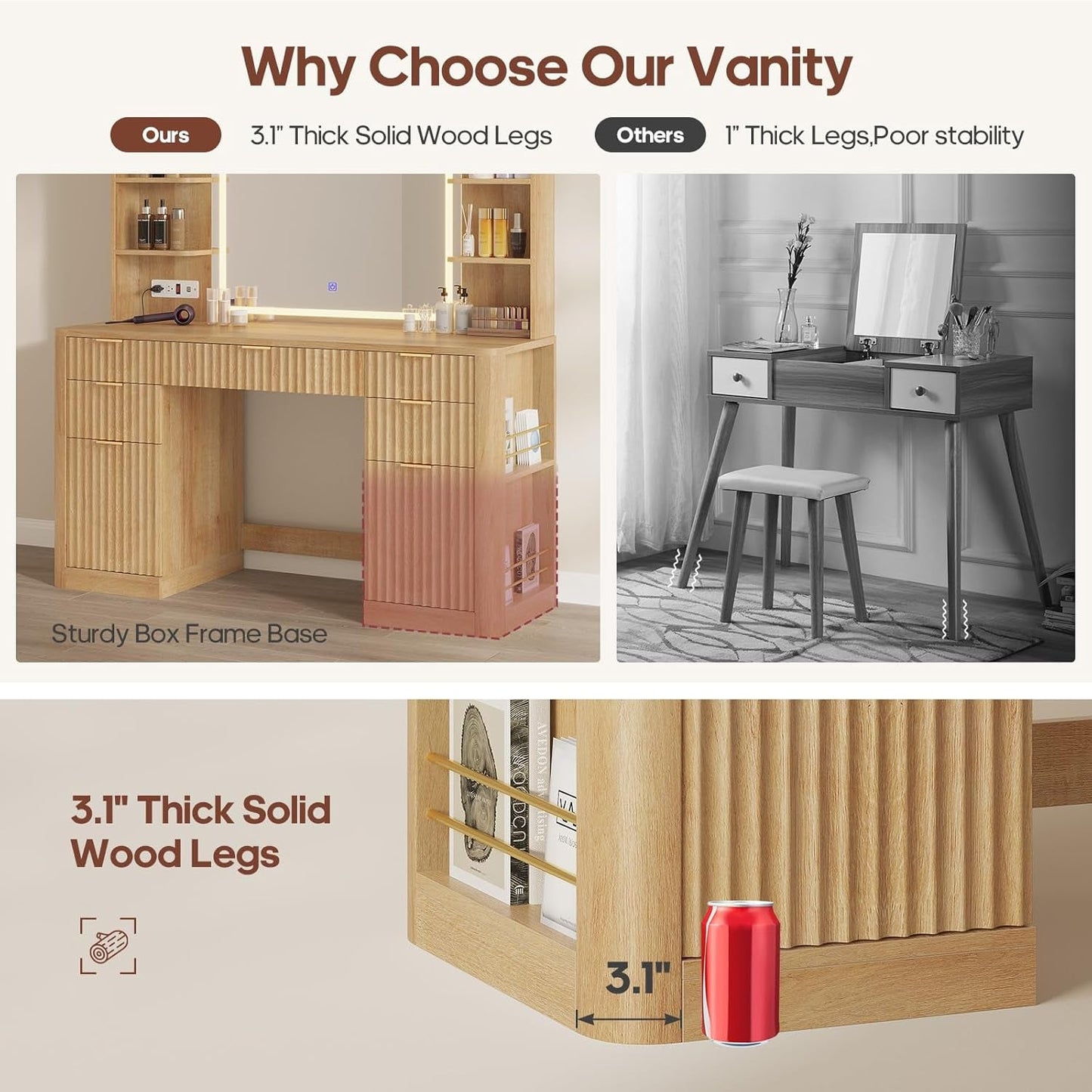 51 Inch Wide Fluted SolidWood Vanity Desk LED Mirror