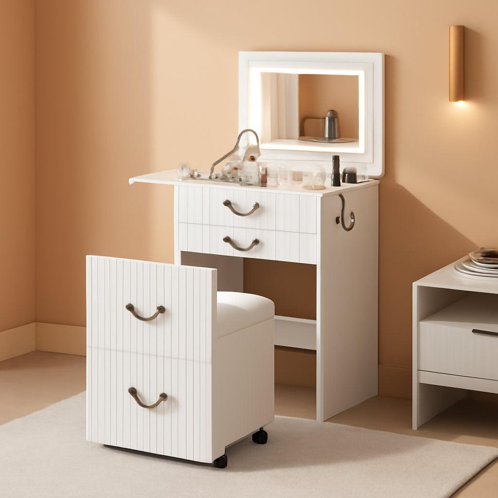 White Compact Vanity With Flip Mirror Illumination