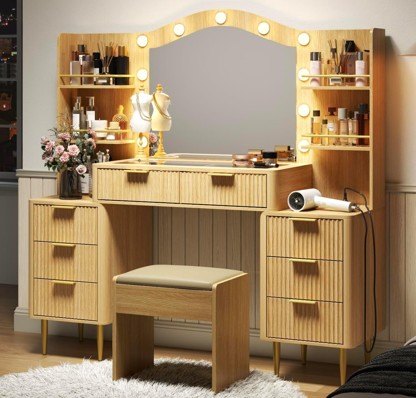 Fifty FiveInch Oak Vanity Desk With Mirror Lighting