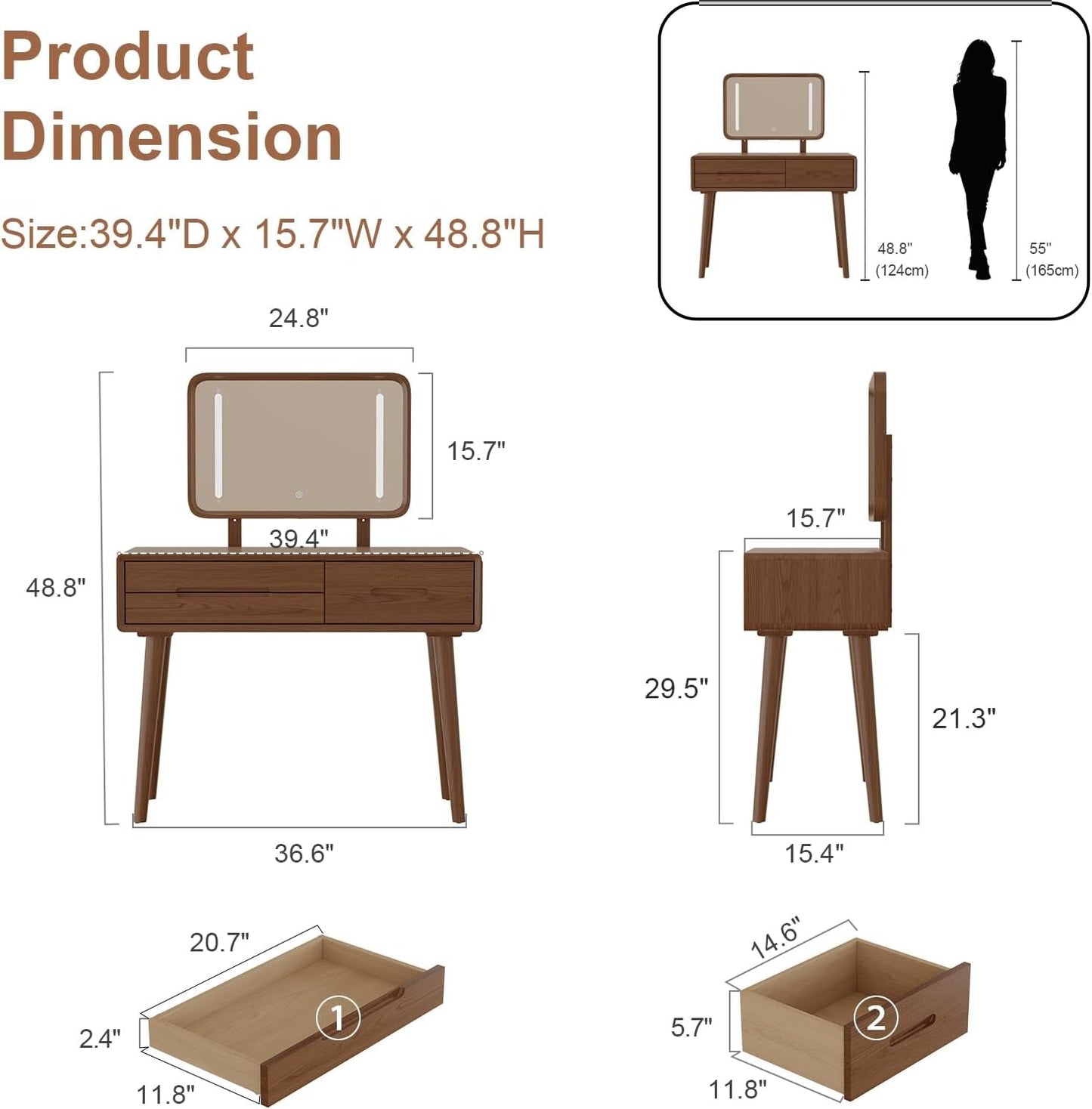 Walnut Solid Wood Vanity Desk With Illumination Pro