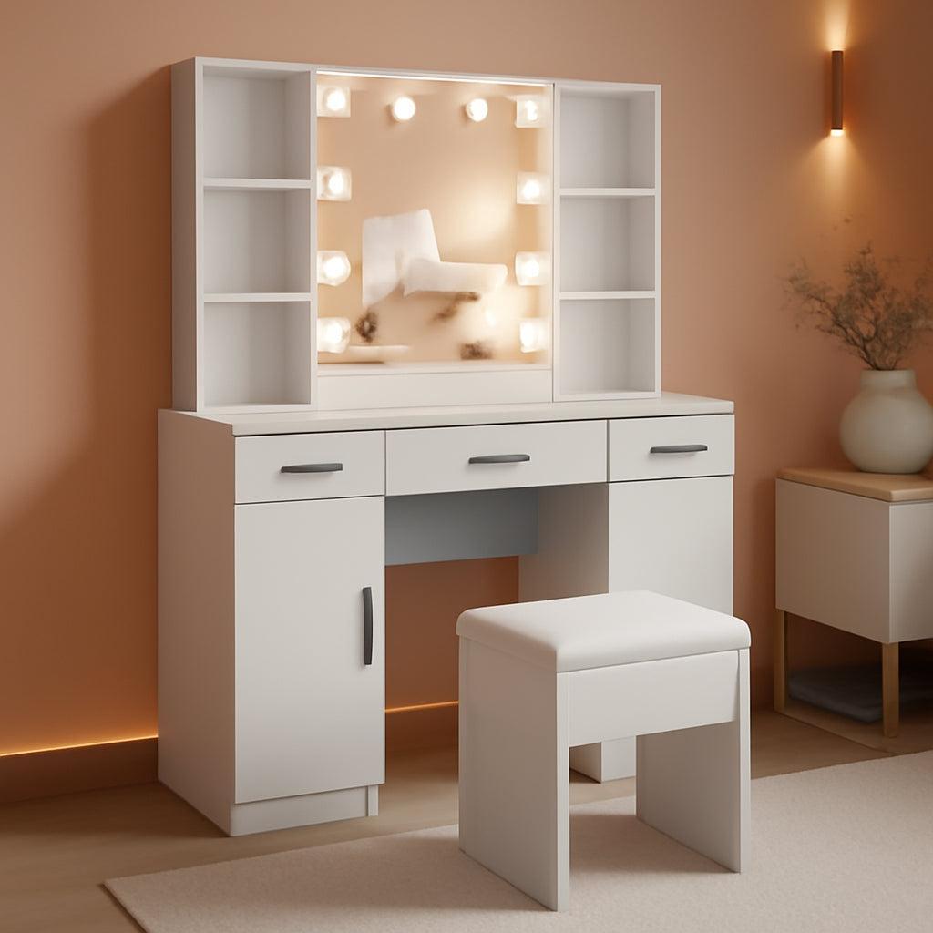 White Vanity Desk With Premium LED Lighting Storage