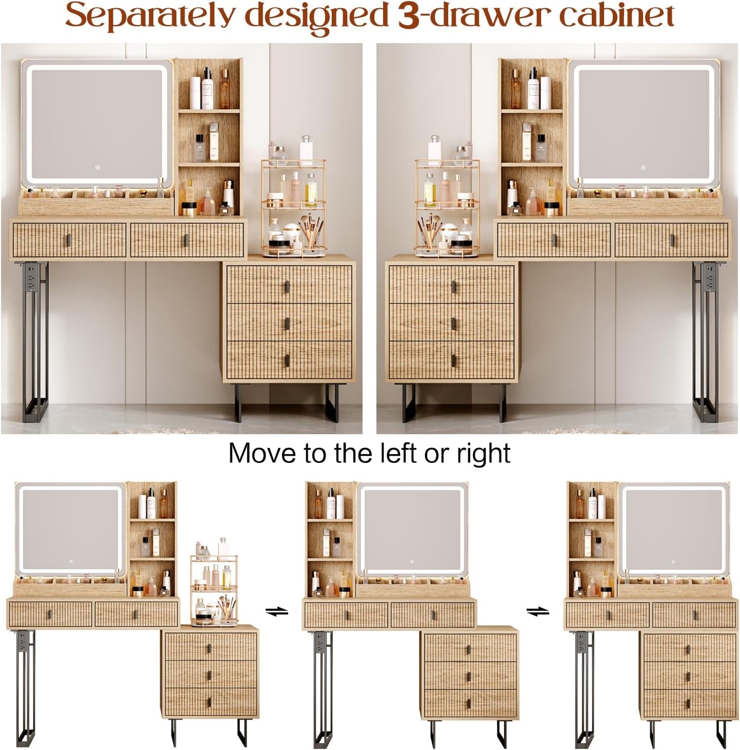 Customizable Vanity Desk With Dimmable Mirror Oak Finish