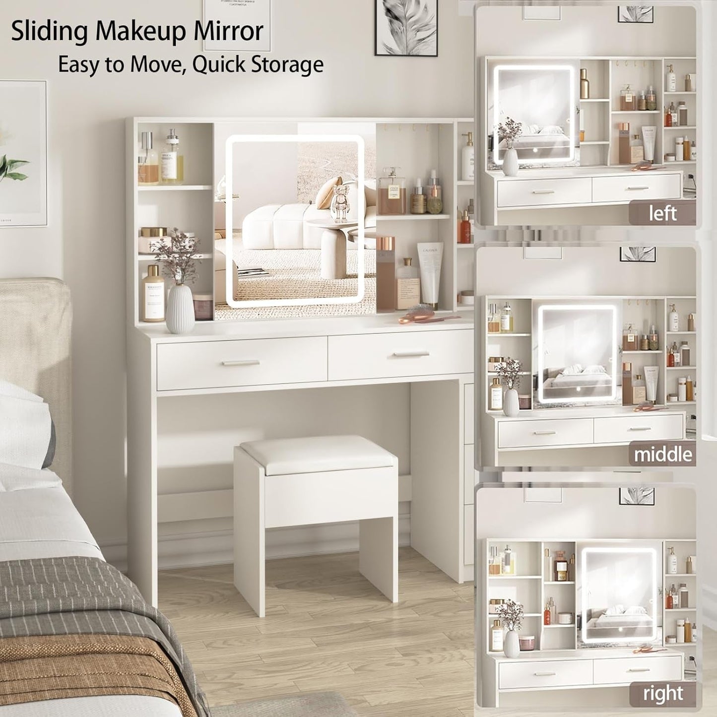 White Vanity Desk With Illuminated Mirror USB Charging Port