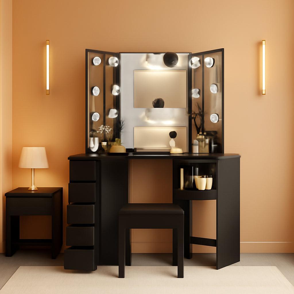 Corner Vanity Desk Black Illuminated Mirror Lights