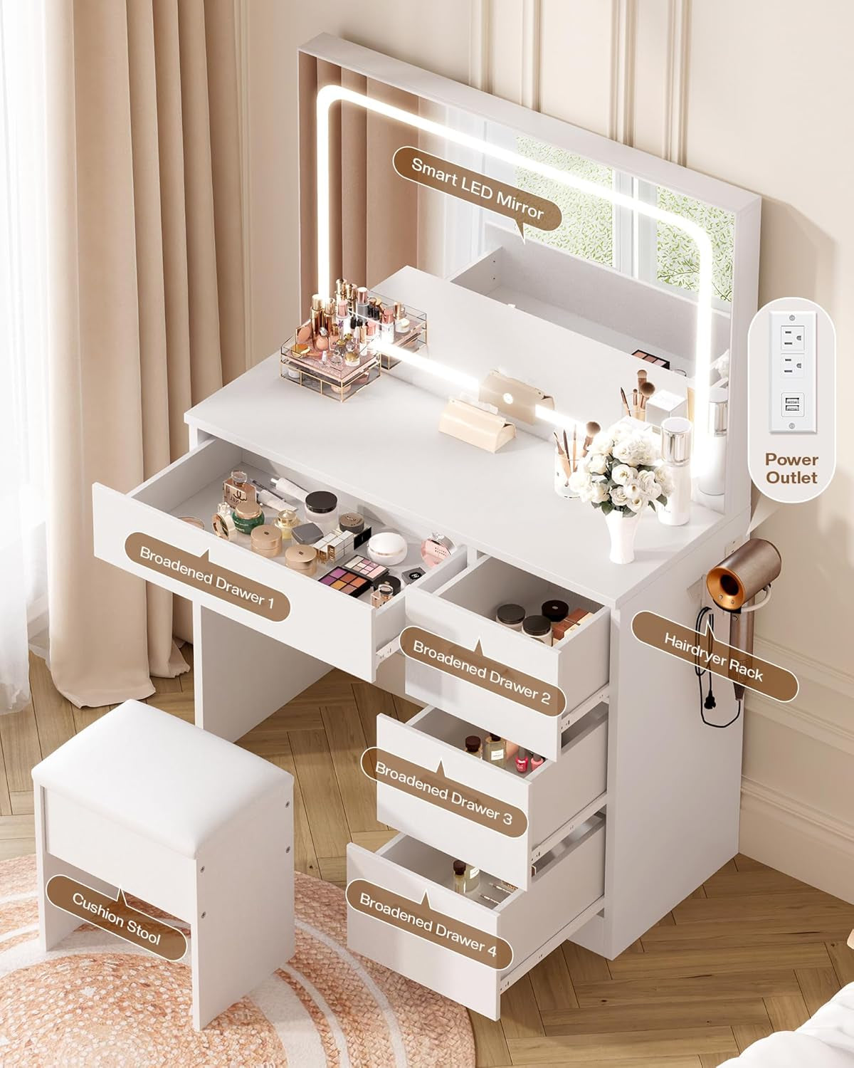 White Makeup Vanity Desk With Illuminated Mirror Pro