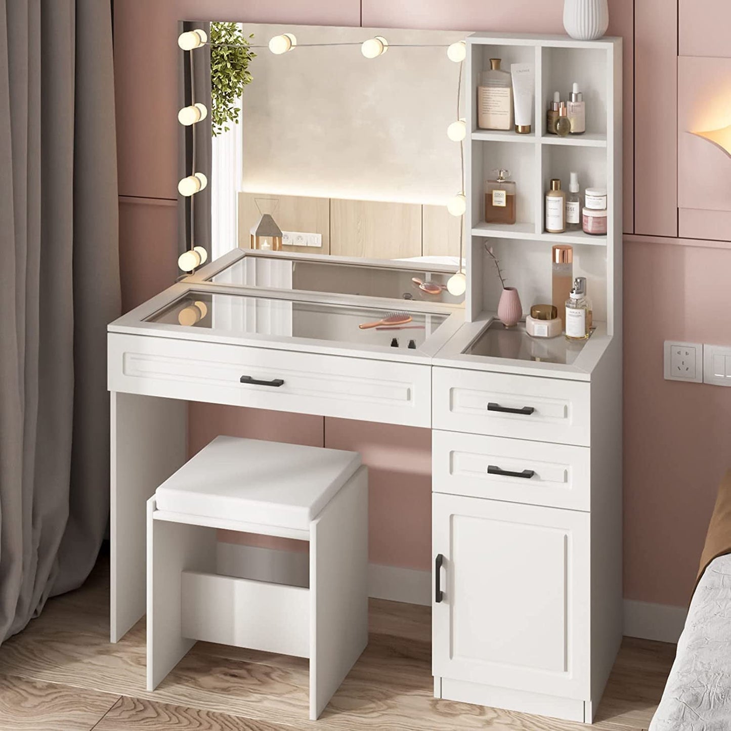 White Vanity Table Set With Glass Top Hollywood Mirror