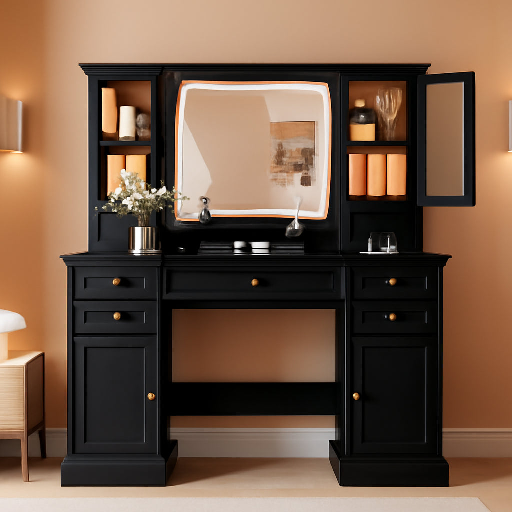 Black Cosmetic Vanity Desk With Illuminated Mirror