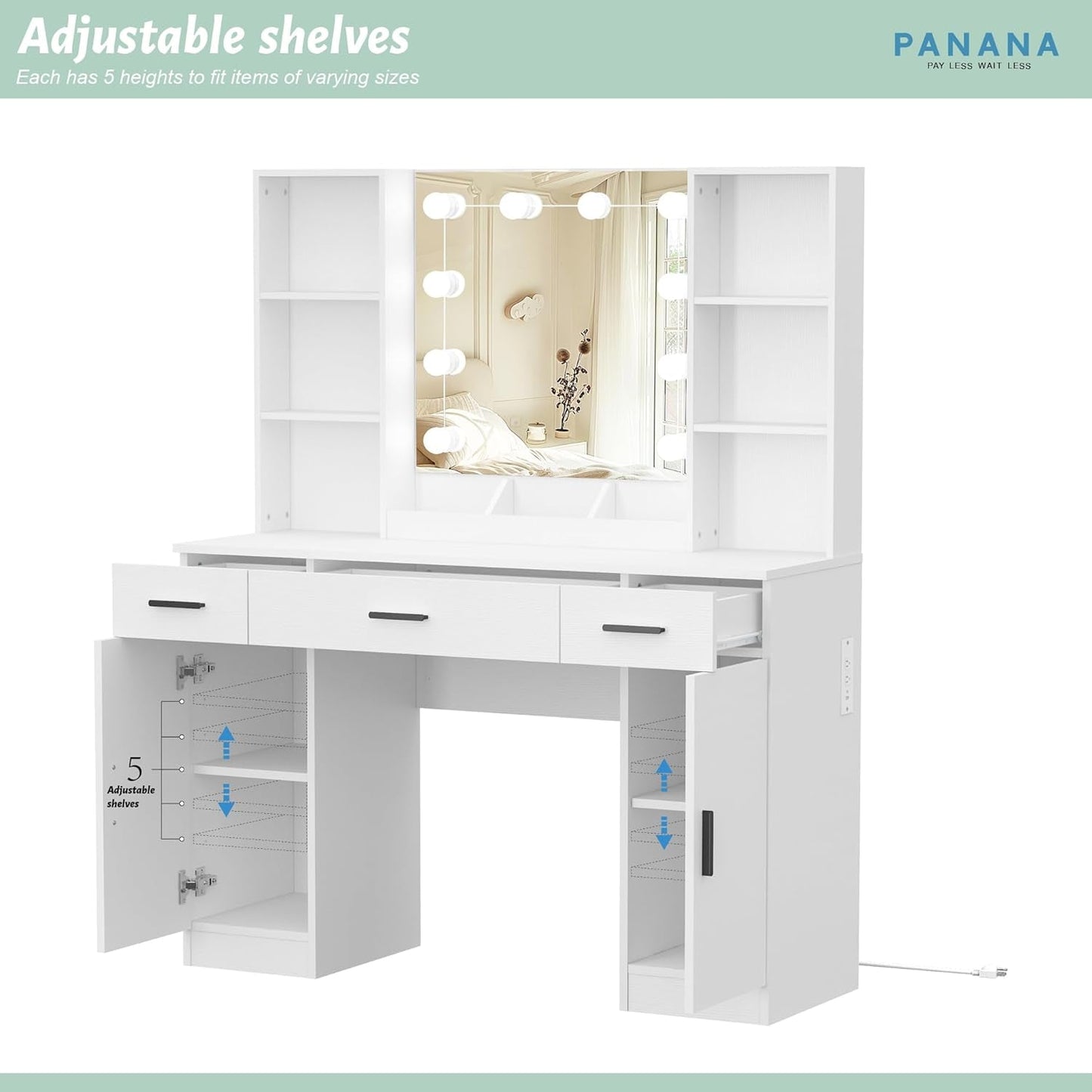 White Vanity Desk With Premium LED Lighting Storage