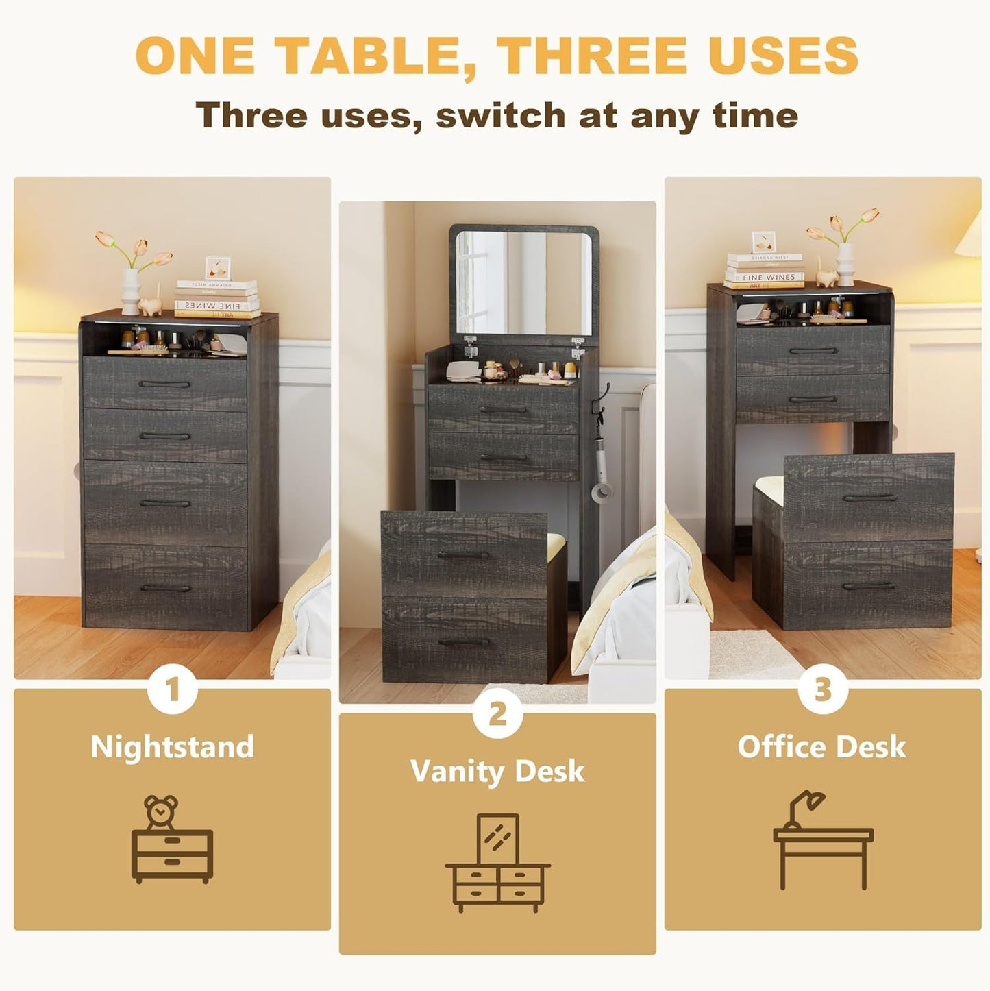Compact Three In One Vanity Desk Mirror Dark Oak Finish