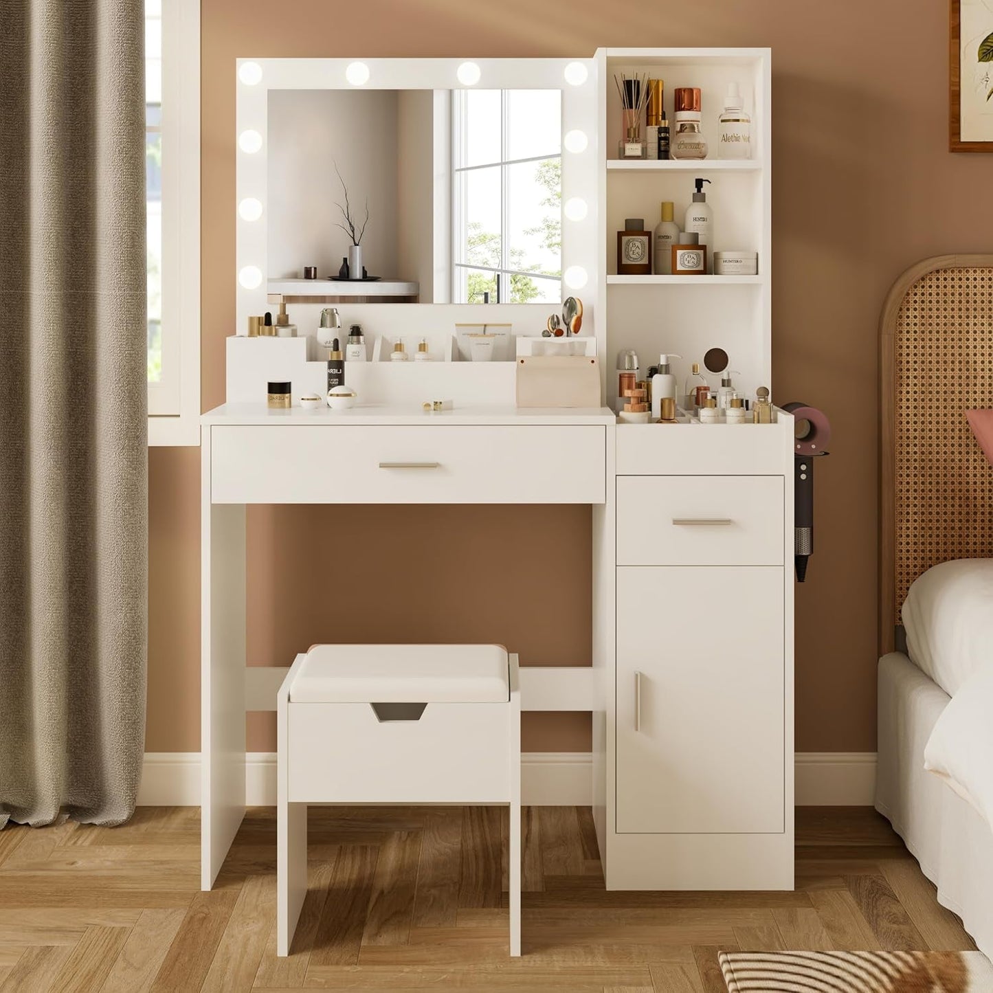 White Vanity Desk With Adjustable Lighting Storage