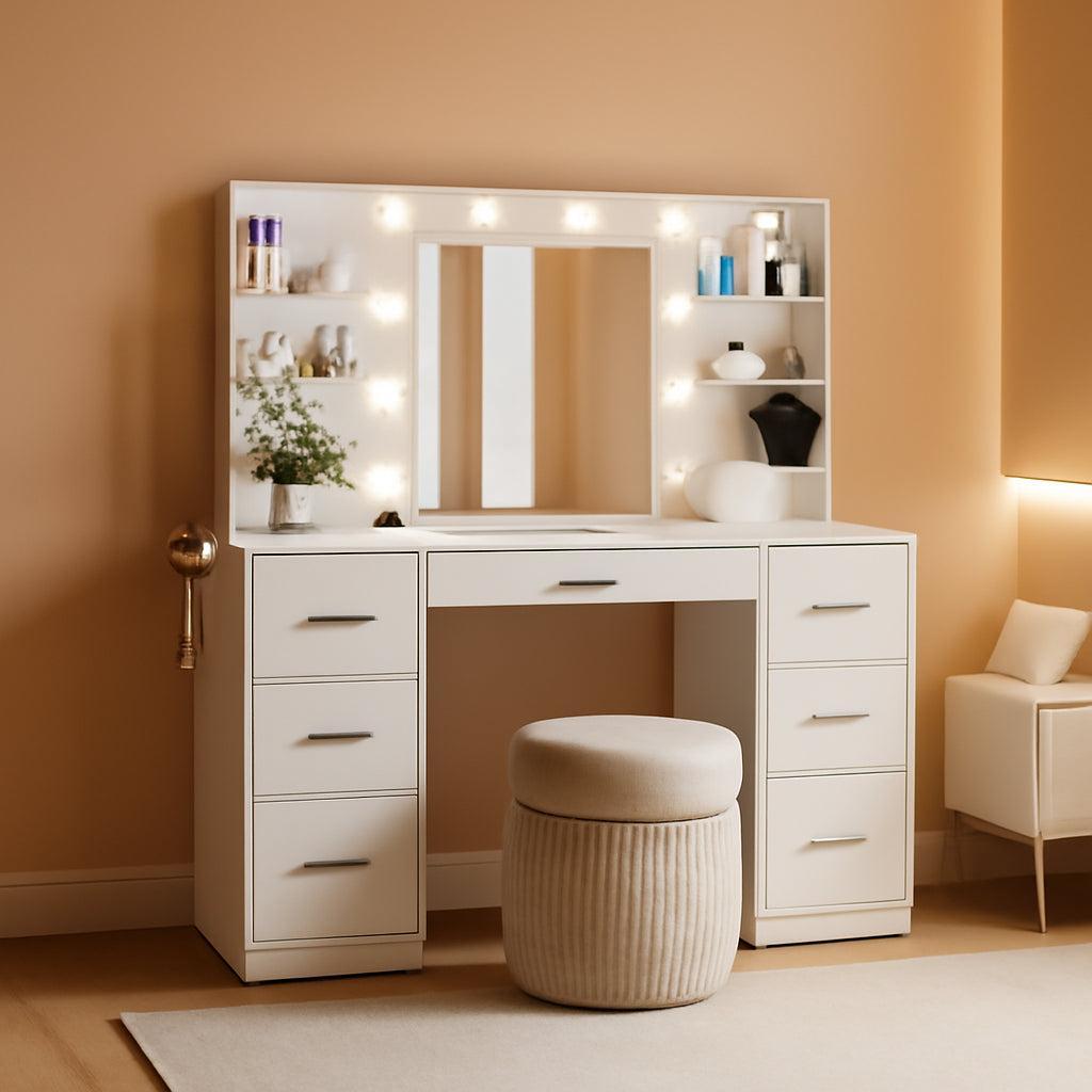 Luxurious White Vanity Desk With Illuminated Mirror